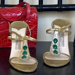 Jimmy Choo gold leather and green stone 4” heels